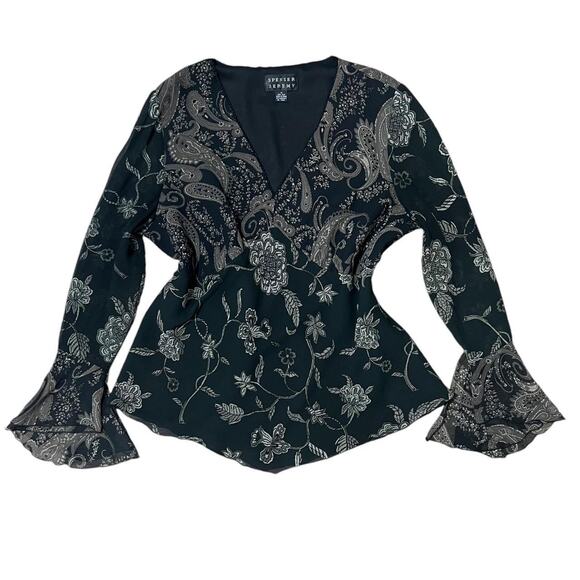 VTG 90s Spenser Jeremy Black & Brown Paisley Patchwork Silk Bell Sleeve Top 14/L - Picture 1 of 8